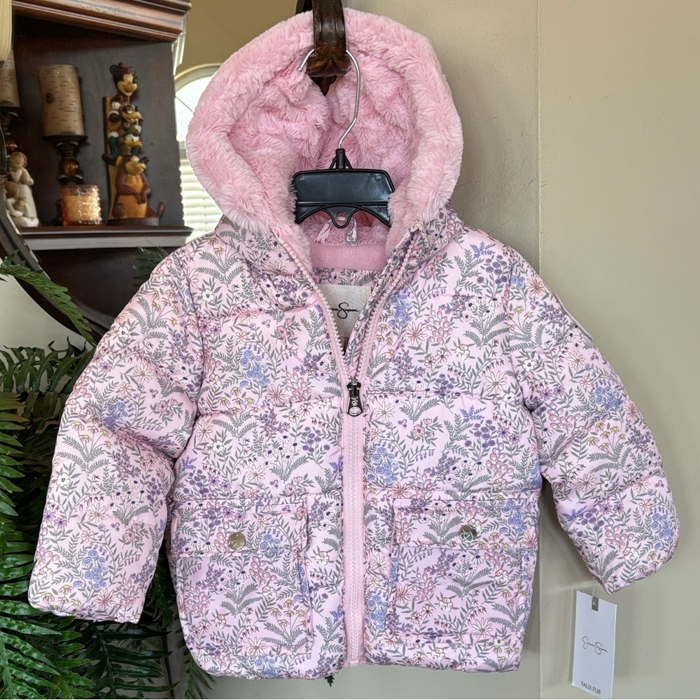 Brand New Jessica Simpson Pink Floral Puffer Jacket Zip Up Hooded Faux Fur 18M